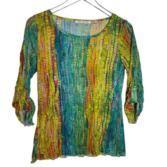Snoskins Multicolor Mosaic Print Roll Tab Sleeve Womens Top Size S - Picture 6 of 6